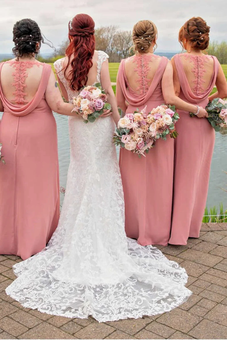 Vestido largo de dama de honor de gasa con cuello redondo, largo hasta el suelo y espalda transparente